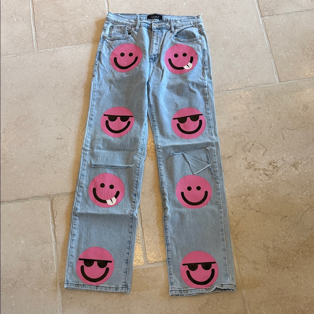Playful Pink Smiley Face Light Blue Jeans